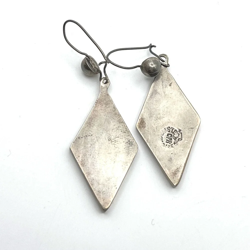 Vintage‎ Mexican Sterling Silver Azurite Malachite Inlay Diamond Drop Earrings